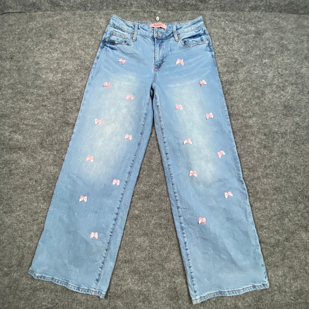 Juicy‎ Couture Womens Light Wash Wide Leg Jeans Pink Bow Applique Size 3